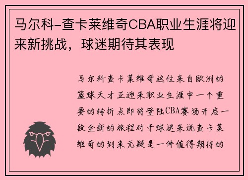 马尔科-查卡莱维奇CBA职业生涯将迎来新挑战，球迷期待其表现